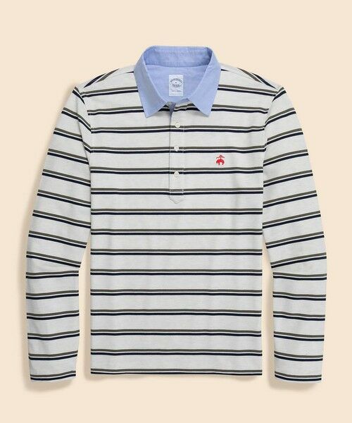 Brooks Brothers / ブルックス ブラザーズ ポロシャツ | ストレッチコットン GFロゴ ダブルストライプ ロングスリーブポロシャツ Slim Fit(ホワイト)