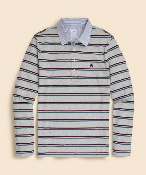 Brooks Brothers / ブルックス ブラザーズ ポロシャツ | ストレッチコットン GFロゴ ダブルストライプ ロングスリーブポロシャツ Slim Fit(グレー)