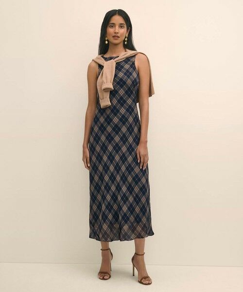 Brooks Brothers / ブルックス ブラザーズ ロング・マキシ丈ワンピース | レーヨンシフォン タータンチェック ノースリーブ ロングワンピース(ネイビー)