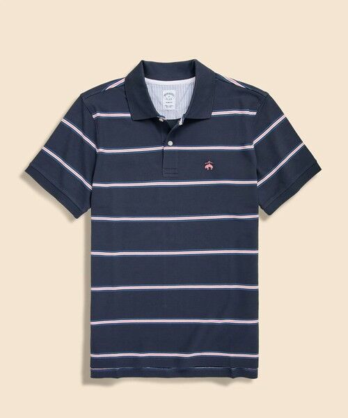Brooks Brothers / ブルックス ブラザーズ ポロシャツ | コットン　ストレッチピケ　GFロゴ　マルチストライプ　ポロシャツ　Slim Fit（ネイビー）