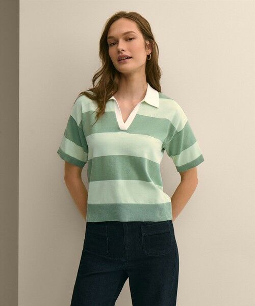 Brooks Brothers / ブルックス ブラザーズ ニット・セーター | スーピマコットン　ラグビーストライプ　ショートスリーブ　ポロセーター（グリーン）