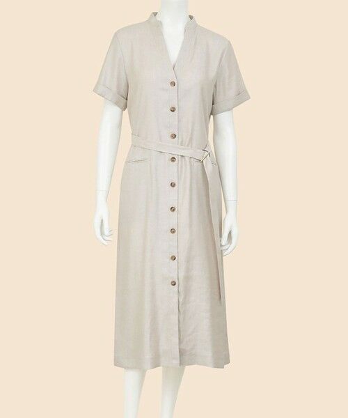Brooks Brothers / ブルックス ブラザーズ ロング・マキシ丈ワンピース | リネンブレンド　Vネックベルテッド　ショートスリーブ　シャツワンピース（ベージュ）