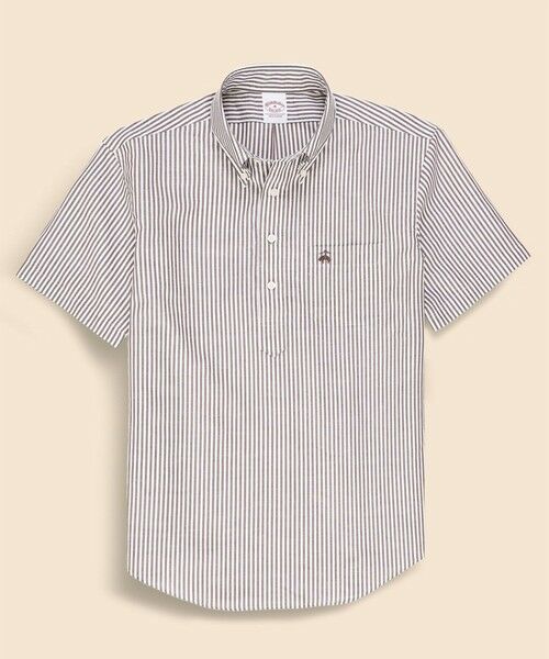 Brooks Brothers / ブルックス ブラザーズ シャツ・ブラウス | コットン／リネン　GFロゴ　ストライプ　ショートスリーブ　プルオーバーシャツ（ブラウン）