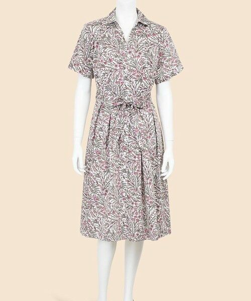 Brooks Brothers / ブルックス ブラザーズ ミニ丈・ひざ丈ワンピース | コットンサテン　ボタニカルプリント　ショートスリーブ　シャツワンピース（ホワイト×ピンク）