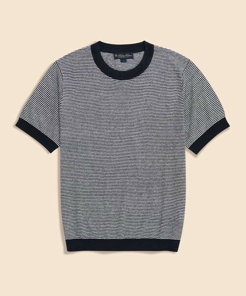Brooks Brothers / ブルックス ブラザーズ ニット・セーター | リネン クルーネック ショートスリーブ サマーセーター(ホワイト×ネイビー)