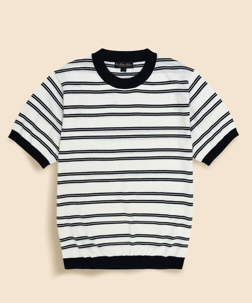 Brooks Brothers / ブルックス ブラザーズ ニット・セーター | コットン/ナイロン ダブルストライプ ショートスリーブ クルーネック サマーセーター(ホワイト×ネイビー)