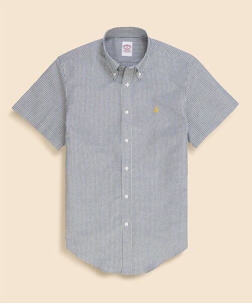 Brooks Brothers / ブルックス ブラザーズ シャツ・ブラウス | コットン/ペーパーヤーン GFロゴ ストライプ ショートスリーブ カジュアルシャツ Traditional Fit(ホワイト×ネイビー)