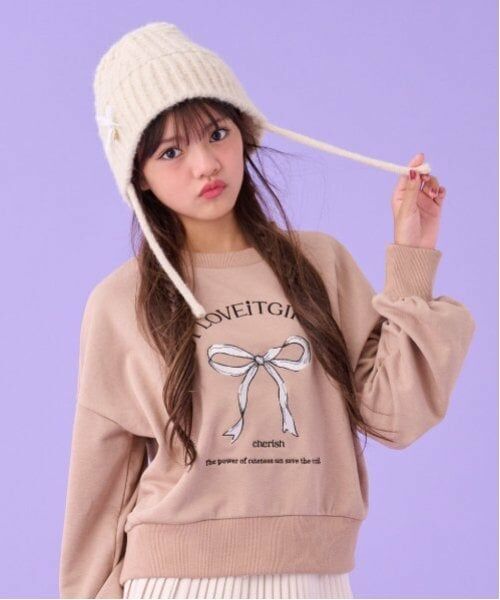 by LOVEiT / バイ ラビット スウェット | フロントリボン刺しゅうプルオーバー（ベージュ）