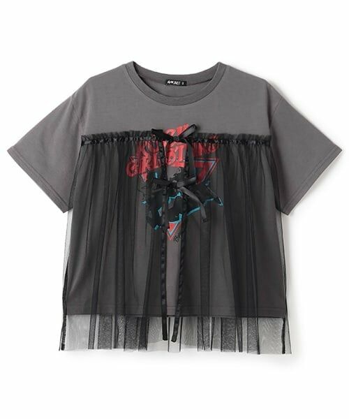 by LOVEiT / バイ ラビット Tシャツ | チュール付きバンドTシャツ（チャコール）