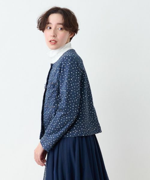 CARA O CRUZ / キャラ・オ・クルス テーラードジャケット | 洗える 星柄デニム風プリントのノーカラージャケット【産地ナブル】 | 詳細1