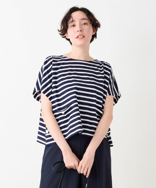 キャラ・オ・クルス CARA O CRUZ 洗える ボクシーのボーダーTシャツ （ブルー） キャラ・オ・クルス CARA O CRUZ 洗える ボクシーのボーダーT
