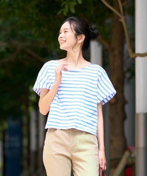 キャラ・オ・クルス CARA O CRUZ 洗える ボクシーのボーダーTシャツ （ブルー） キャラ・オ・クルス CARA O CRUZ 洗える ボクシーのボーダーT