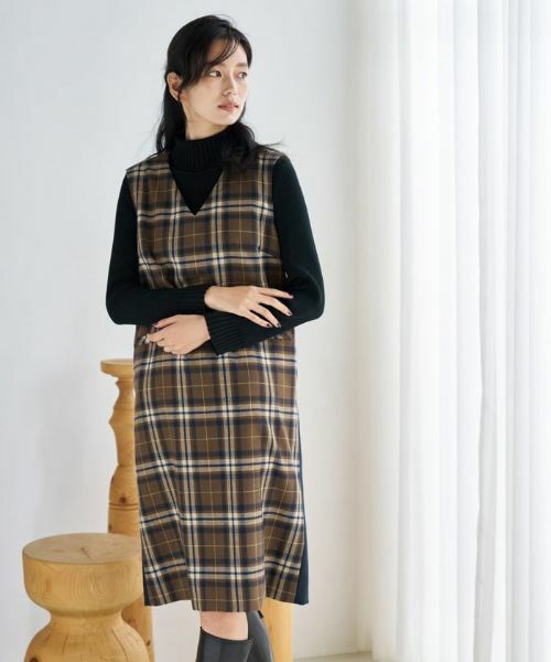 CARA O CRUZ / キャラ・オ・クルス ロング・マキシ丈ワンピース | チェックと無地のジャンパースカート【MANNELLI】 | 詳細1