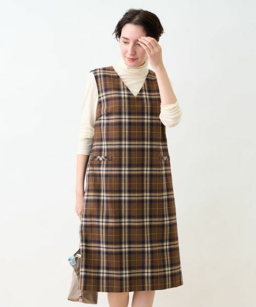 CARA O CRUZ / キャラ・オ・クルス ロング・マキシ丈ワンピース | チェックと無地のジャンパースカート【MANNELLI】 | 詳細11