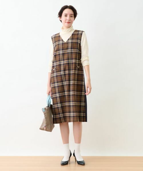 CARA O CRUZ / キャラ・オ・クルス ロング・マキシ丈ワンピース | チェックと無地のジャンパースカート【MANNELLI】 | 詳細14