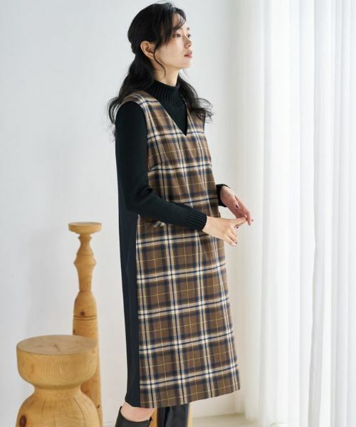 CARA O CRUZ / キャラ・オ・クルス ロング・マキシ丈ワンピース | チェックと無地のジャンパースカート【MANNELLI】 | 詳細2