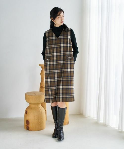CARA O CRUZ / キャラ・オ・クルス ロング・マキシ丈ワンピース | チェックと無地のジャンパースカート【MANNELLI】 | 詳細3