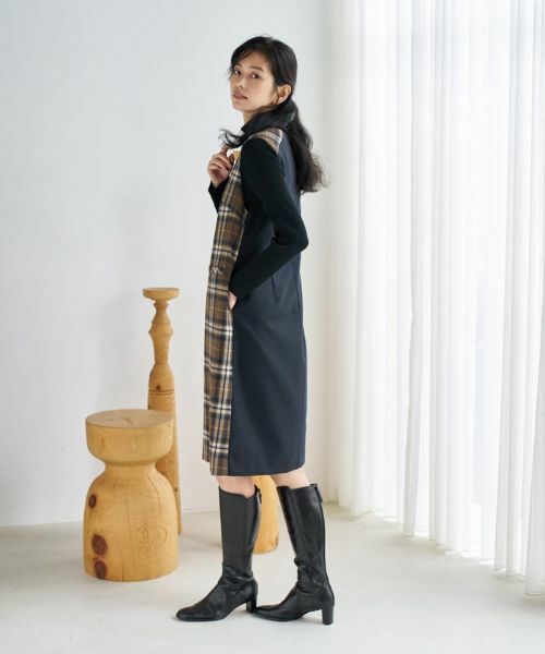 CARA O CRUZ / キャラ・オ・クルス ロング・マキシ丈ワンピース | チェックと無地のジャンパースカート【MANNELLI】 | 詳細4