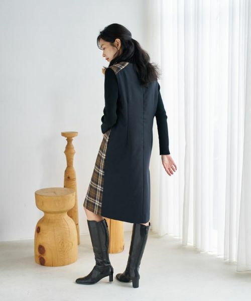 CARA O CRUZ / キャラ・オ・クルス ロング・マキシ丈ワンピース | チェックと無地のジャンパースカート【MANNELLI】 | 詳細5