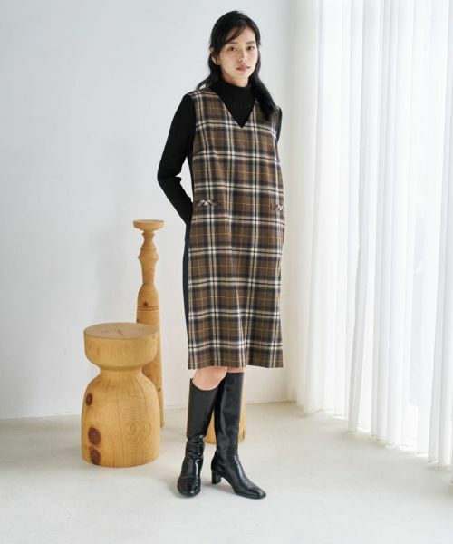 CARA O CRUZ / キャラ・オ・クルス ロング・マキシ丈ワンピース | チェックと無地のジャンパースカート【MANNELLI】 | 詳細6