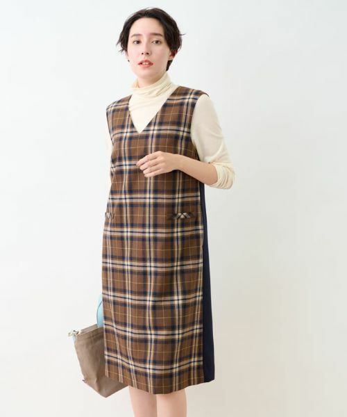 CARA O CRUZ / キャラ・オ・クルス ロング・マキシ丈ワンピース | チェックと無地のジャンパースカート【MANNELLI】 | 詳細9