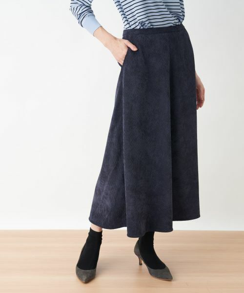 CARA O CRUZ/キャラ・オ・クルス 洗える ウエスト伸縮のびのびコーデュロイのロングスカート ネイビー 7(S)