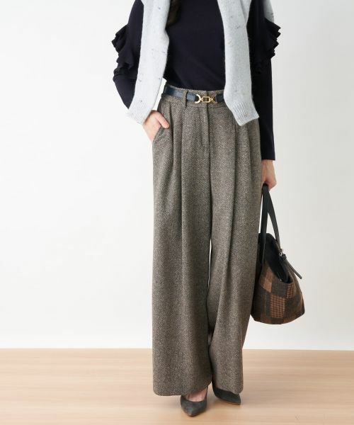 CARA O CRUZ / キャラ・オ・クルス その他パンツ | ウエスト伸縮ツイードのワイドパンツ(ブラック)