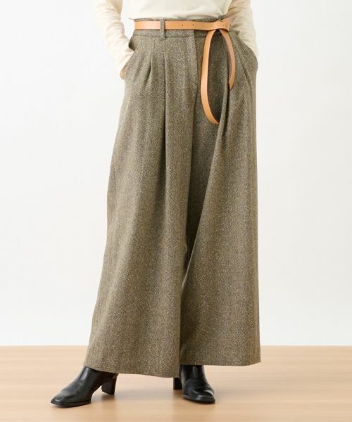 CARA O CRUZ / キャラ・オ・クルス その他パンツ | ウエスト伸縮ツイードのワイドパンツ(カーキ系)