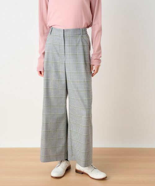 CARA O CRUZ / キャラ・オ・クルス その他パンツ | 後ろウエストゴム のびのびチェックのワイドパンツ(グレー)