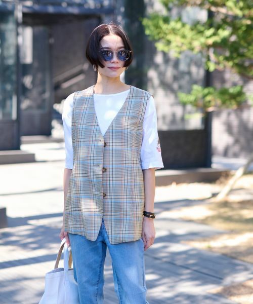 CARA O CRUZ / キャラ・オ・クルス テーラードジャケット | チェックと無地ののびのびMIXジレ【LINEA ESSE】 | 詳細1