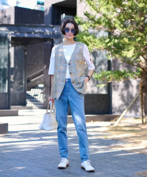 CARA O CRUZ / キャラ・オ・クルス テーラードジャケット | チェックと無地ののびのびMIXジレ【LINEA ESSE】 | 詳細12