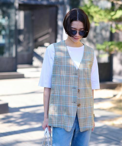 CARA O CRUZ / キャラ・オ・クルス テーラードジャケット | チェックと無地ののびのびMIXジレ【LINEA ESSE】 | 詳細2