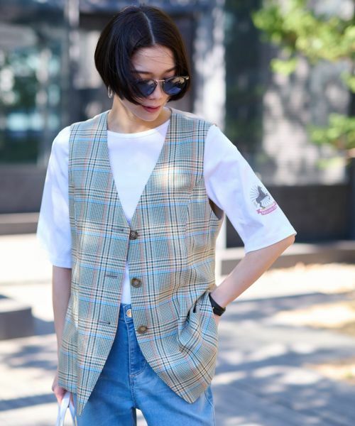 CARA O CRUZ / キャラ・オ・クルス テーラードジャケット | チェックと無地ののびのびMIXジレ【LINEA ESSE】 | 詳細3