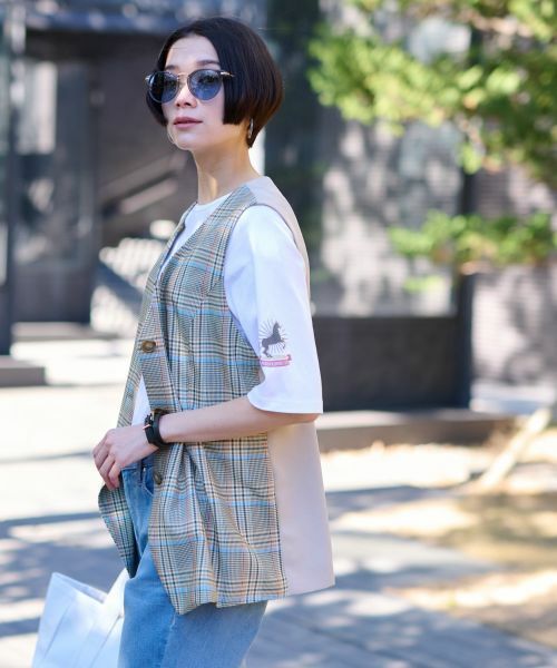 CARA O CRUZ / キャラ・オ・クルス テーラードジャケット | チェックと無地ののびのびMIXジレ【LINEA ESSE】 | 詳細5