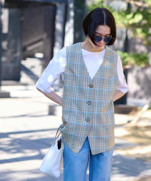 CARA O CRUZ / キャラ・オ・クルス テーラードジャケット | チェックと無地ののびのびMIXジレ【LINEA ESSE】 | 詳細7