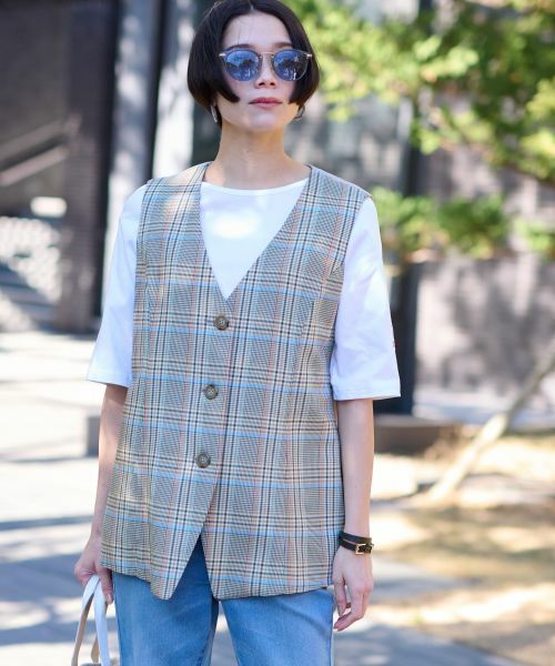 CARA O CRUZ / キャラ・オ・クルス テーラードジャケット | チェックと無地ののびのびMIXジレ【LINEA ESSE】 | 詳細8