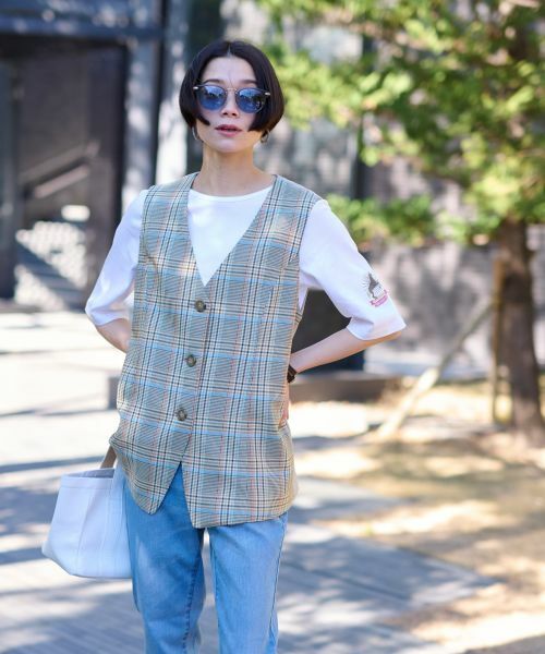 CARA O CRUZ / キャラ・オ・クルス テーラードジャケット | チェックと無地ののびのびMIXジレ【LINEA ESSE】 | 詳細9