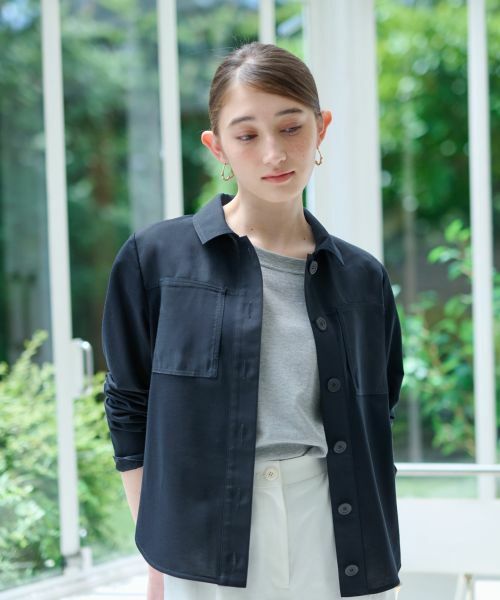 CARA O CRUZ/キャラ・オ・クルス 洗える 異素材MIXシアーシャツ ネイビー 9(M)