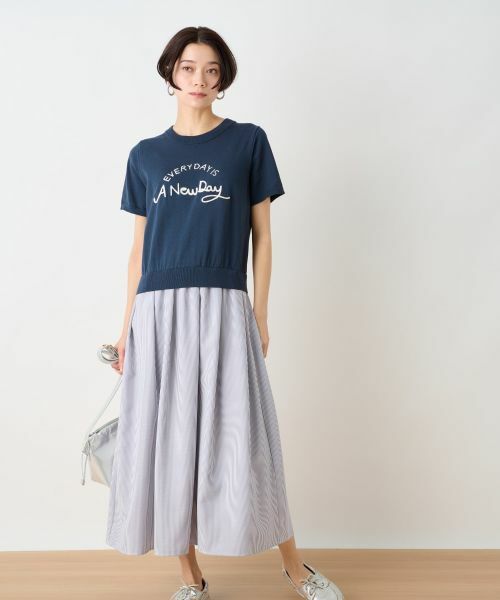 CARA O CRUZ / キャラ・オ・クルス ドレス | ニットとストライプのドッキングワンピース（ネイビー）