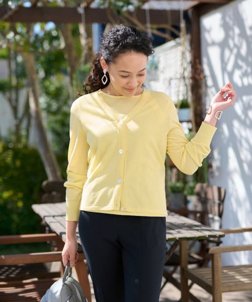 CARA O CRUZ/キャラ・オ・クルス 洗える 麻混Vネックカーディガン【セットアップ】 レモンイエロー 11(L)