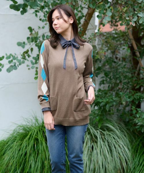 CARA O CRUZ / キャラ・オ・クルス ニット・セーター | 洗える 袖アーガイルのチュニックニット【CoC by CARA O CRUZ】 | 詳細15