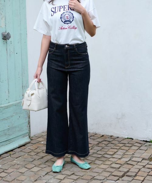 CARA O CRUZ / キャラ・オ・クルス デニムパンツ | 洗える ストレッチワイドデニム(ネイビー)