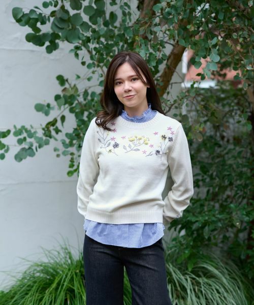 CARA O CRUZ/キャラ・オ・クルス 洗える 花刺繍ニット アイボリー 11(L)