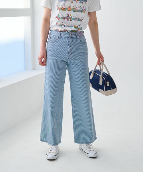 CARA O CRUZ/キャラ・オ・クルス 洗える 後ろウエストゴム ヒッコリーのワイドパンツ ブルー系 9(M)