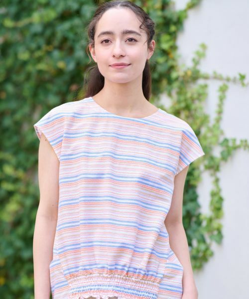 CARA O CRUZ / キャラ・オ・クルス シャツ・ブラウス | 洗える ボーダーの裾シャーリングブラウス【SOMELOS】【35th】 | 詳細1