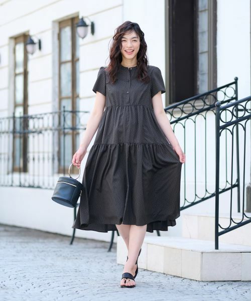 TRU TRUSSARDI STILE テラコッタ色 五分袖シャツワンピース セール】 ティアードシャツワンピース≪手洗い可能≫ （ロング
