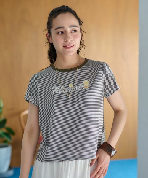 CARA O CRUZ/キャラ・オ・クルス ボーダーショートTシャツ カーキ系 9(M) CARA O CRUZ/キャラ・オ・クルス ボーダーショートTシャツ カーキ系 9(M)