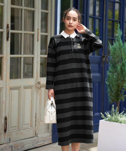 CARA O CRUZ / キャラ・オ・クルス ドレス | ポロシャツボーダーワンピース(チャコールグレー)
