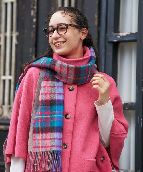 CARA O CRUZ / キャラ・オ・クルス マフラー・ショール・スヌード・ストール | カラフルチェックのカシミヤマフラー【ピンクリボン】 | 詳細1