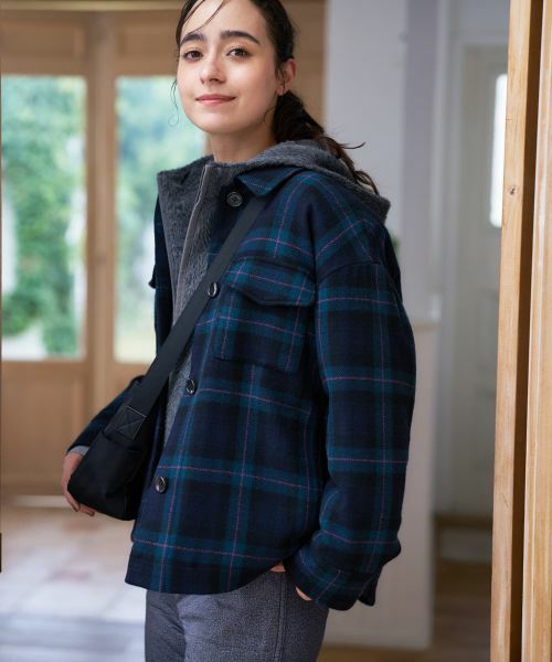 CARA O CRUZ / キャラ・オ・クルス テーラードジャケット | チェック柄中わたジャケット(ネイビー)